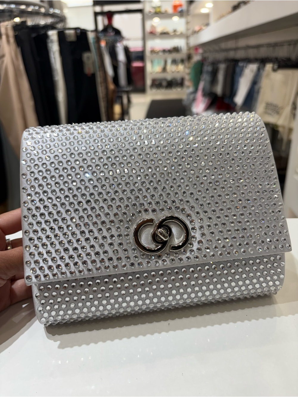 Silver Crystal Crossbody Clutch with Interlocking Ring Detail - Picture 2 of 7